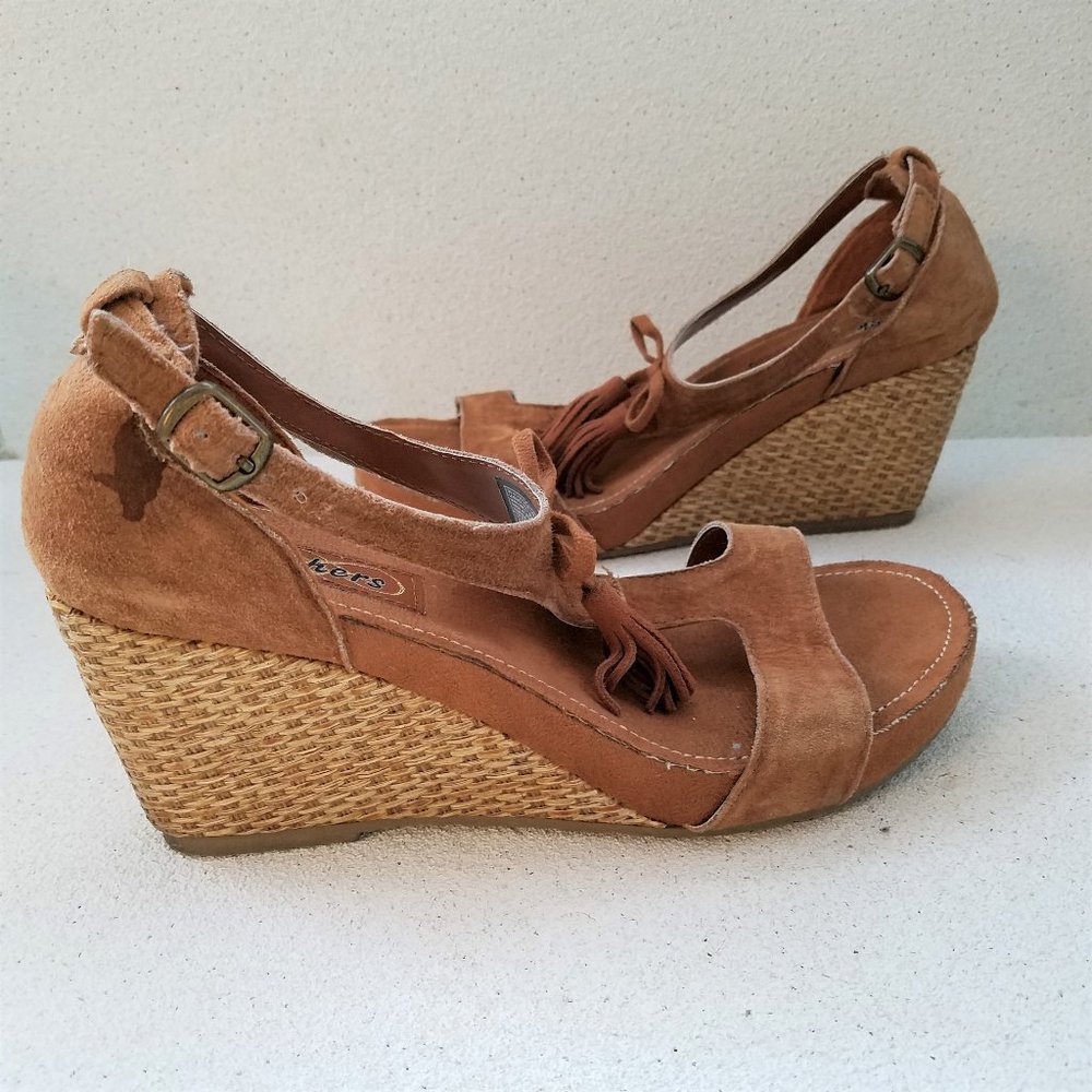 SKECHERS Brown Suede and Rattan Sandal Wedges
